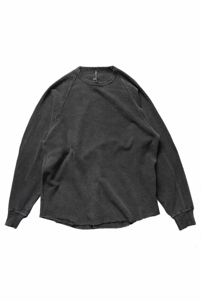 Load image into Gallery viewer, sus-sous raglan L/S tee / dyed & damaged waffle 3/4 Cotton Linen (BLACK)