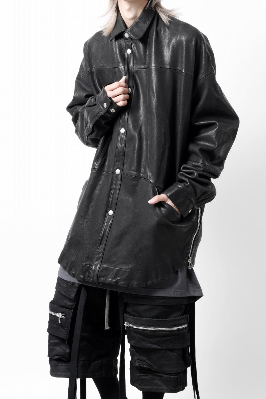画像をギャラリービューアに読み込む, A.F ARTEFACT SNAPPED COCOON SHIRT-JACKET / SOFT GOAT LEATHER (BLACK)