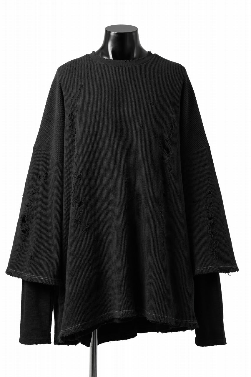 画像をギャラリービューアに読み込む, A.F ARTEFACT DAMAGE LAYERED PULLOVER / WAFFLE COTTON JERSEY (BLACK)