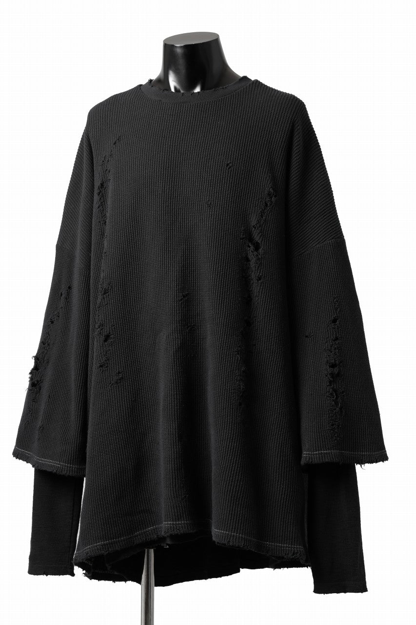 画像をギャラリービューアに読み込む, A.F ARTEFACT DAMAGE LAYERED PULLOVER / WAFFLE COTTON JERSEY (BLACK)