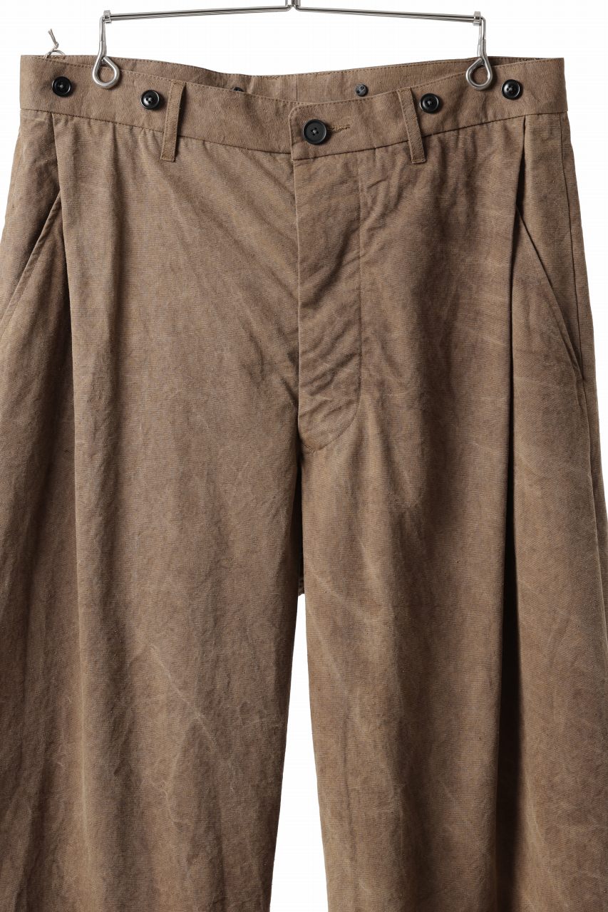 KLASICA LINDBERGH (ND ver.) SIDE TUCKED WIDE STRAIGHT TROUSERS / NATURAL DYED COTTON x SILK WEATHER (KAKI BROWN)