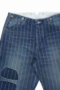 Load image into Gallery viewer, FULLCOUNT WABASH WORKERS PANTS / INDIGO DYED DRILL with WASH STAR STRIPE (INDIGO / HAND ONE WASHED)