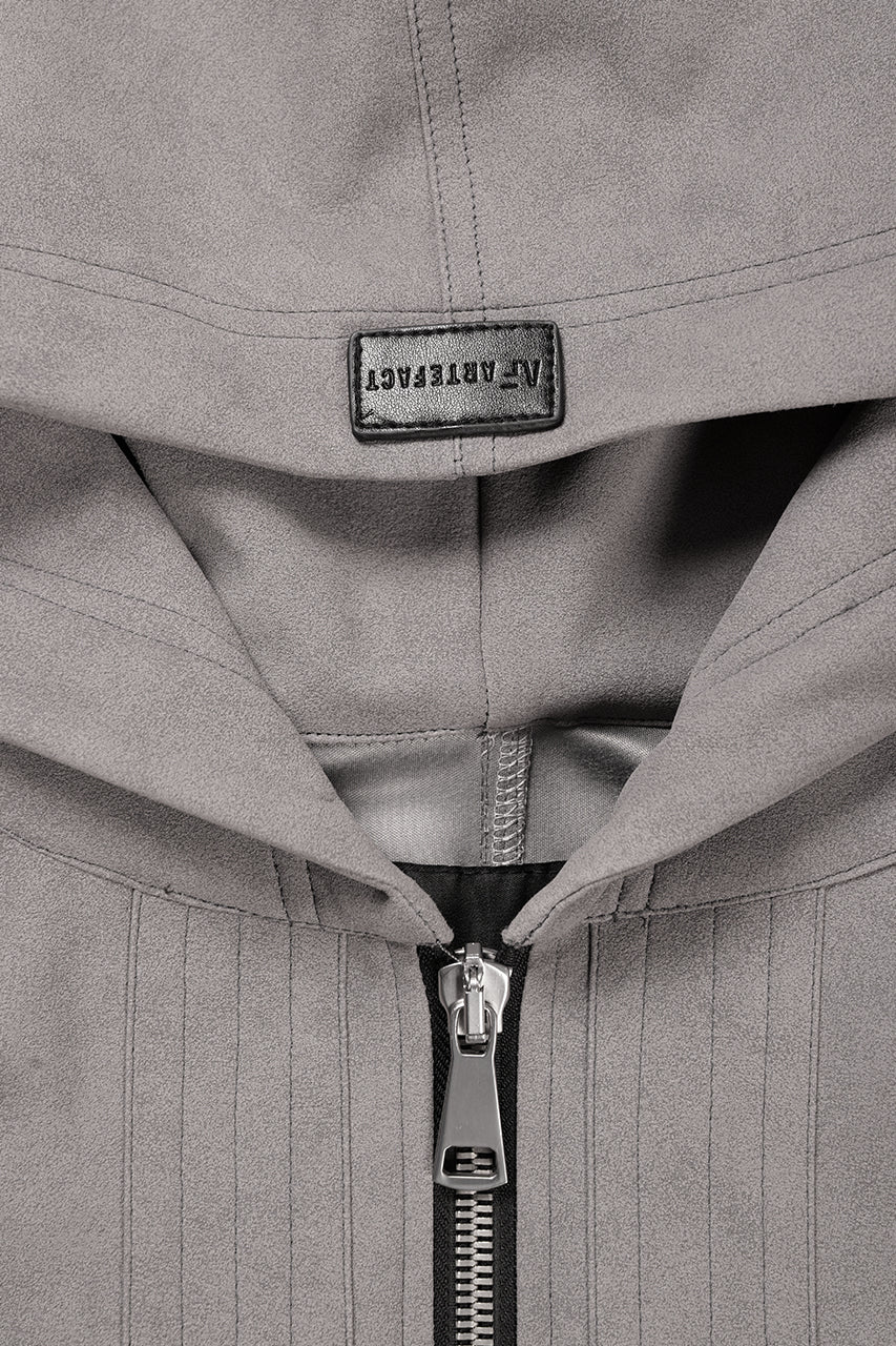 Load image into Gallery viewer, A.F ARTEFACT HOODED ZIP UP BLOUSON / SYNTHETIC SUEDE LEATHER (GREY)