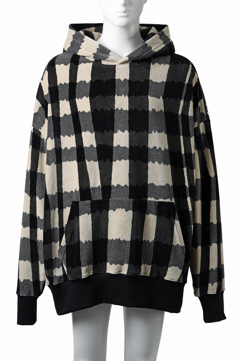 A.F ARTEFACT HOODED TOP / JACQUARD DEFORMED PLAID VELOR (BLACK x