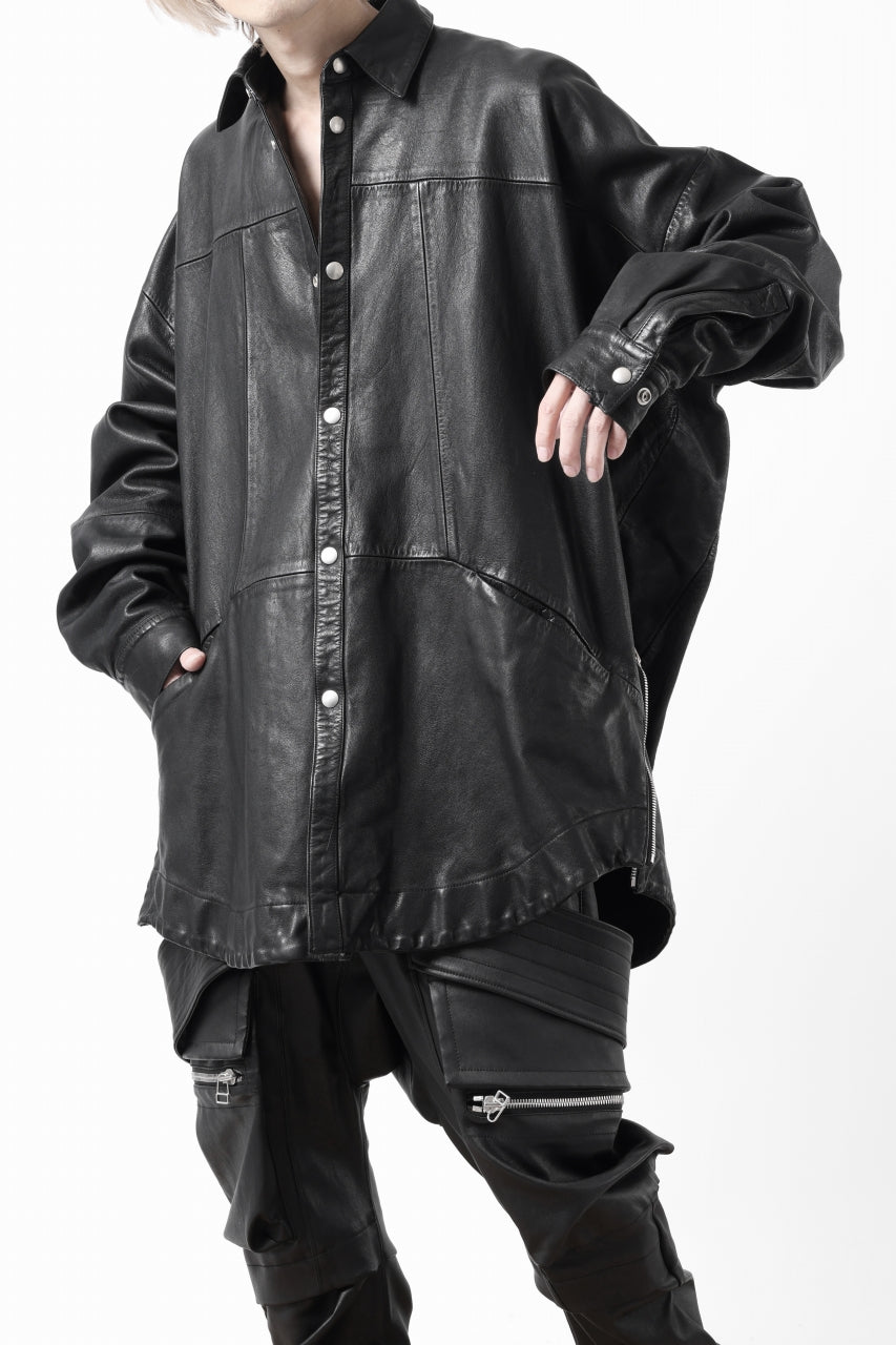 画像をギャラリービューアに読み込む, A.F ARTEFACT SNAPPED COCOON SHIRT-JACKET / SOFT GOAT LEATHER (BLACK)