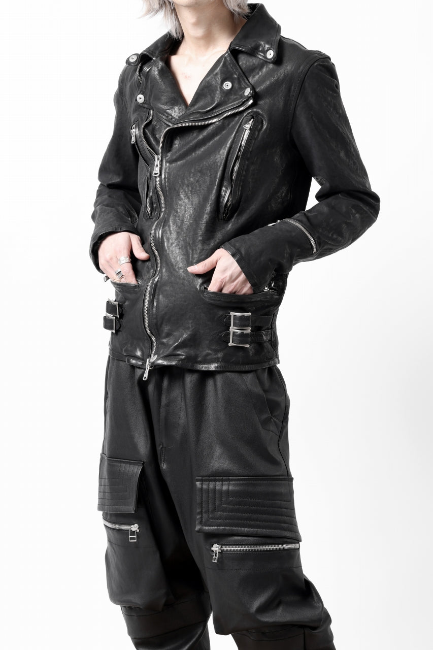 Load image into Gallery viewer, ISAMU KATAYAMA BACKLASH DOUBLE RIDERS JACKET - LIGHTNING / GARMENT WASHED JP CALF (BLACK)