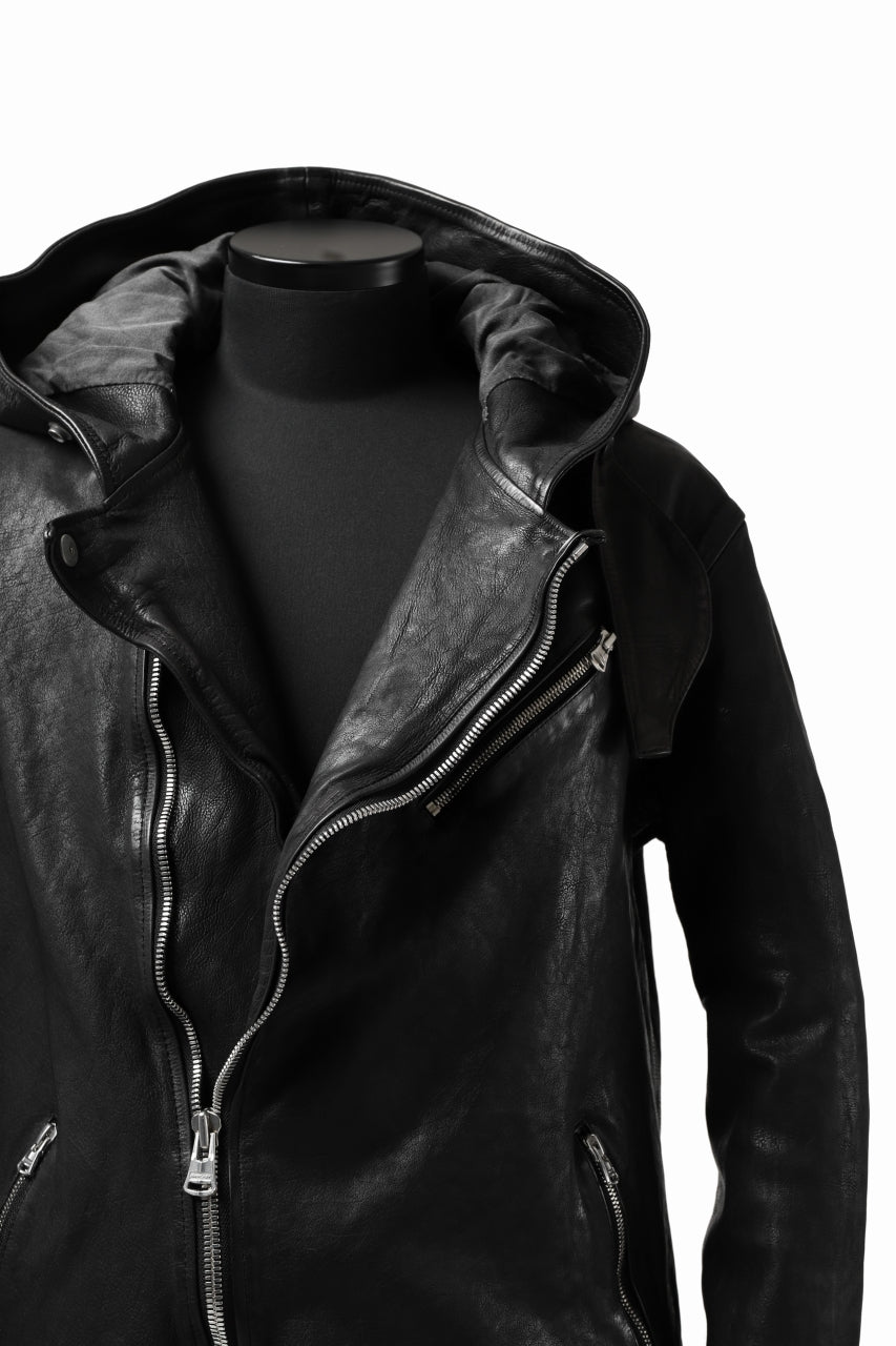 Load image into Gallery viewer, ISAMU KATAYAMA BACKLASH HOODED RIDERS JACKET / JP-CALF GARMENT WASHED (BLACK)