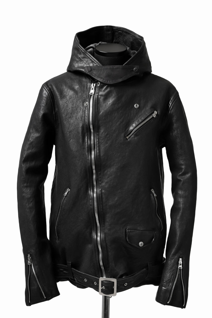 Load image into Gallery viewer, ISAMU KATAYAMA BACKLASH HOODED RIDERS JACKET / JP-CALF GARMENT WASHED (BLACK)