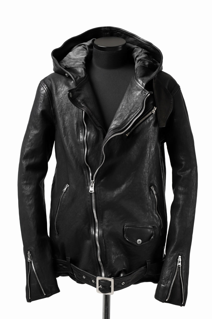 Load image into Gallery viewer, ISAMU KATAYAMA BACKLASH HOODED RIDERS JACKET / JP-CALF GARMENT WASHED (BLACK)