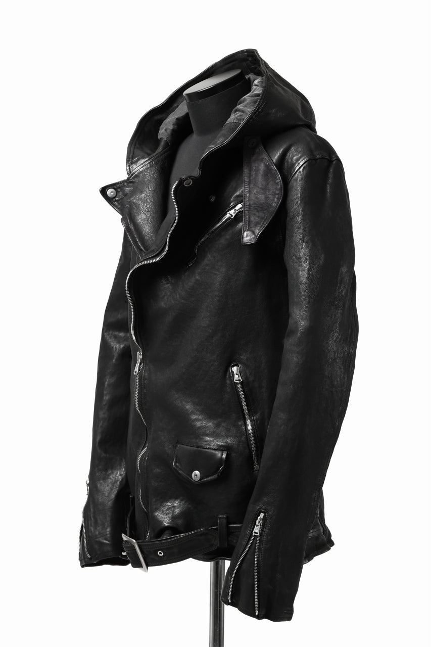 Load image into Gallery viewer, ISAMU KATAYAMA BACKLASH HOODED RIDERS JACKET / JP-CALF GARMENT WASHED (BLACK)