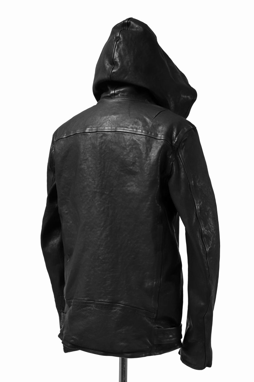 Load image into Gallery viewer, ISAMU KATAYAMA BACKLASH HOODED RIDERS JACKET / JP-CALF GARMENT WASHED (BLACK)
