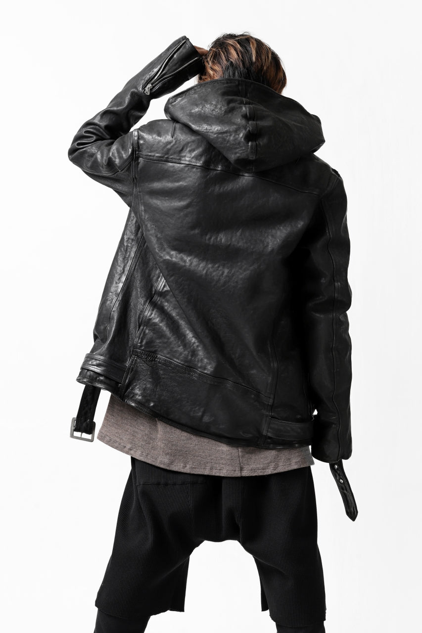 Load image into Gallery viewer, ISAMU KATAYAMA BACKLASH HOODED RIDERS JACKET / JP-CALF GARMENT WASHED (BLACK)