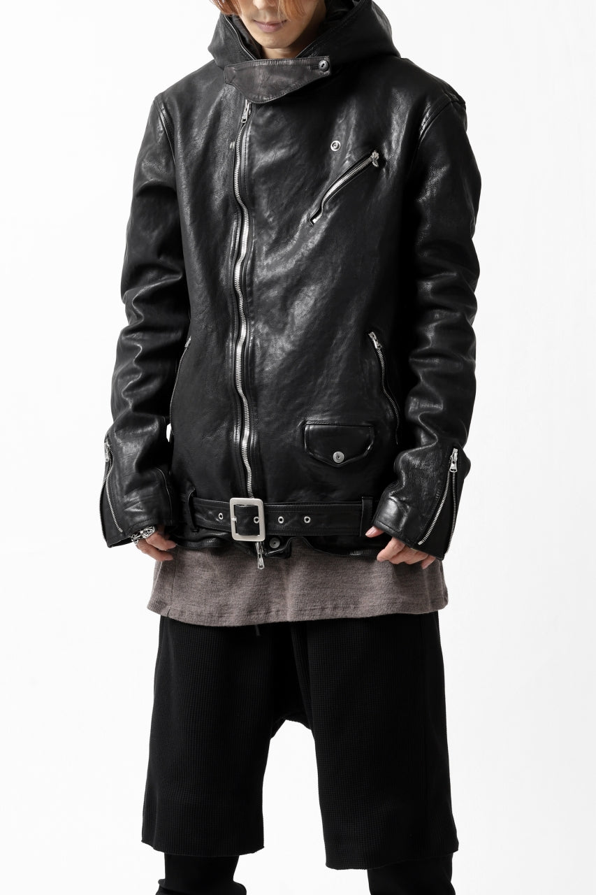 Load image into Gallery viewer, ISAMU KATAYAMA BACKLASH HOODED RIDERS JACKET / JP-CALF GARMENT WASHED (BLACK)