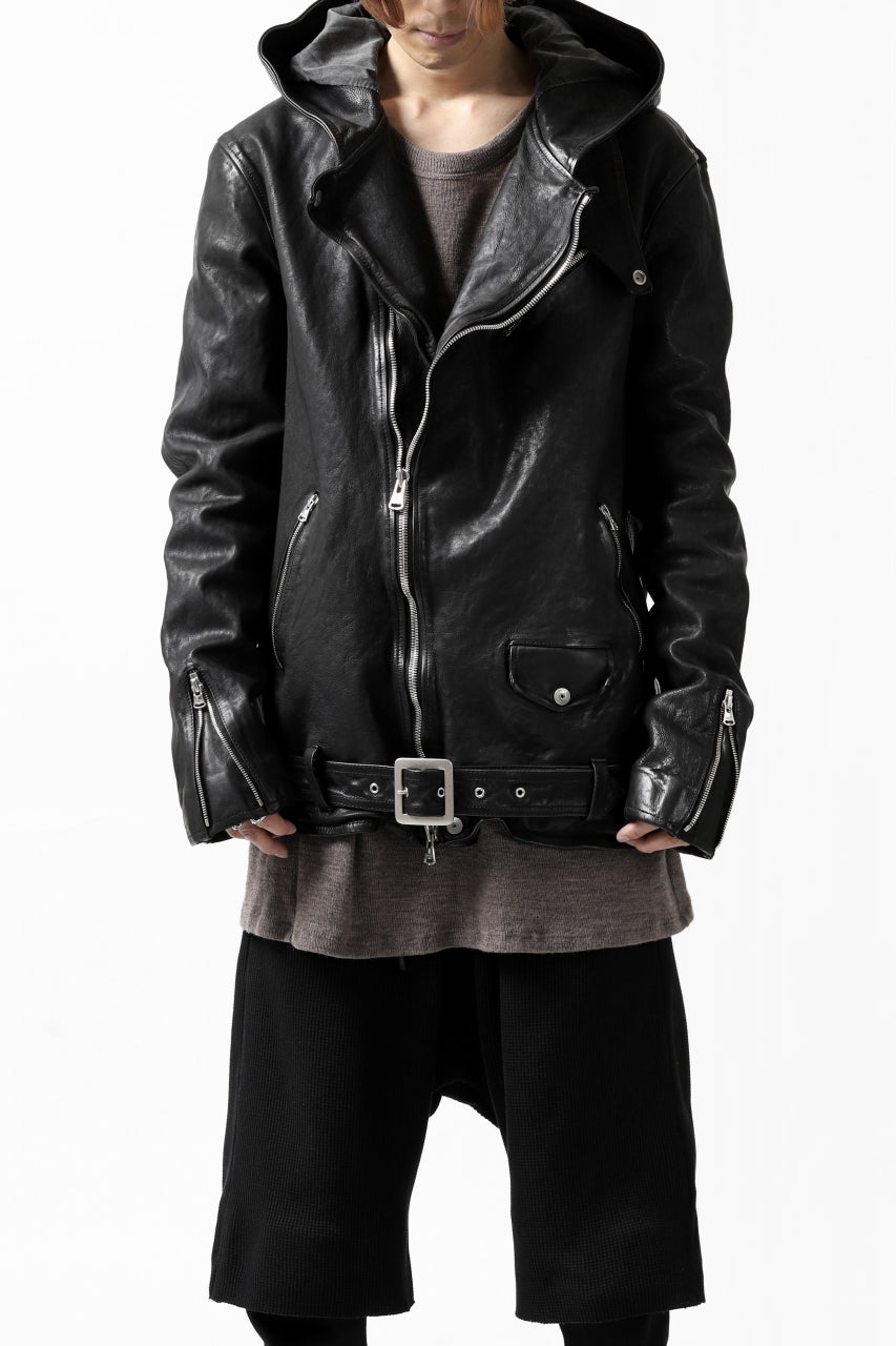 Load image into Gallery viewer, ISAMU KATAYAMA BACKLASH HOODED RIDERS JACKET / JP-CALF GARMENT WASHED (BLACK)
