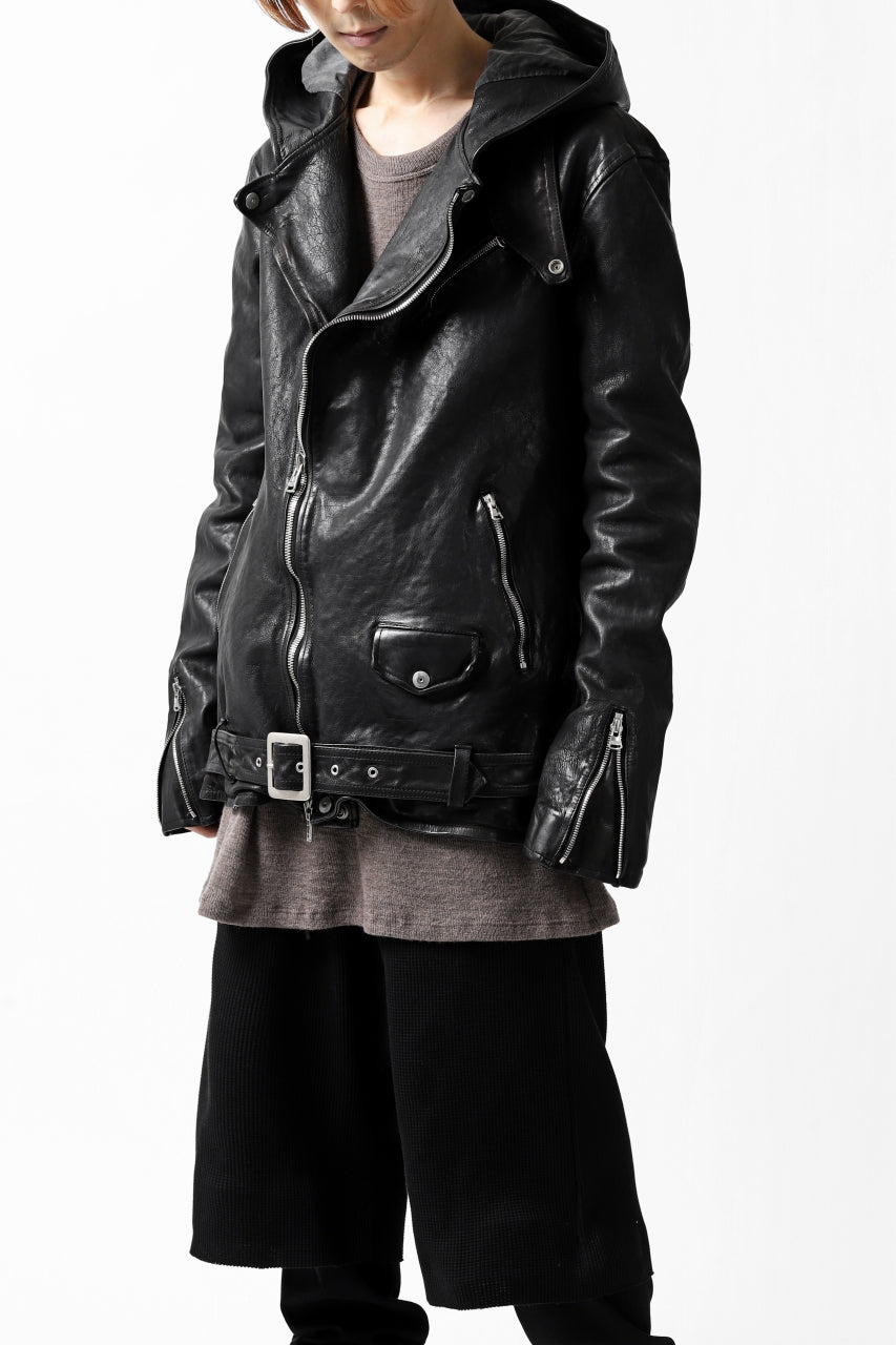 Load image into Gallery viewer, ISAMU KATAYAMA BACKLASH HOODED RIDERS JACKET / JP-CALF GARMENT WASHED (BLACK)