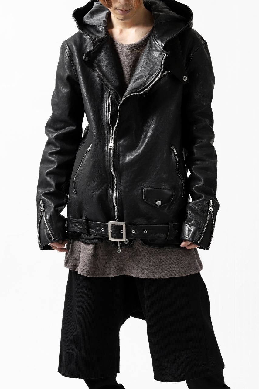 Load image into Gallery viewer, ISAMU KATAYAMA BACKLASH HOODED RIDERS JACKET / JP-CALF GARMENT WASHED (BLACK)