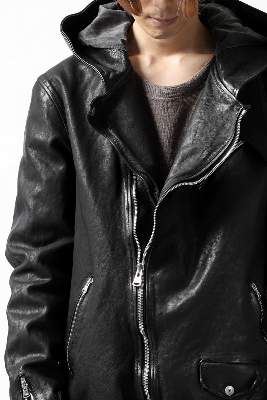 Load image into Gallery viewer, ISAMU KATAYAMA BACKLASH HOODED RIDERS JACKET / JP-CALF GARMENT WASHED (BLACK)