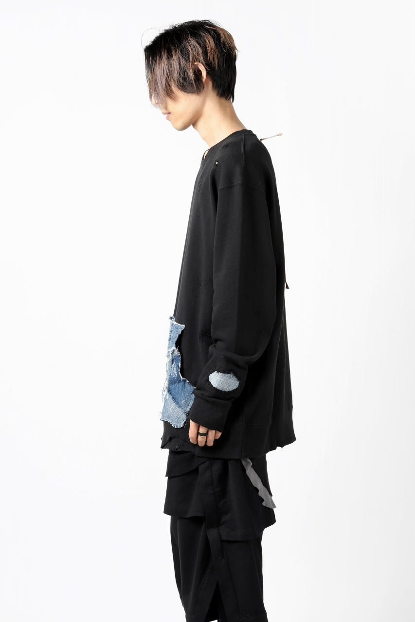 画像をギャラリービューアに読み込む, RESURRECTION HANDMADE remake sweat L/S with vintage denim pocket (BLACK#A)