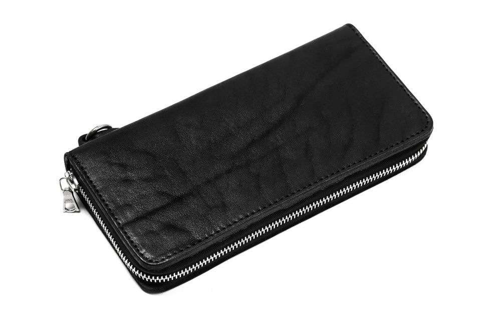 Load image into Gallery viewer, ISAMU KATAYAMA BACKLASH exclusive ROUND FASTNER WALLET / DOUBLE-SHOULDER OBJECT DYED (BLACK)