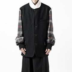 Load image into Gallery viewer, Y's BANG ON! No.176 2 STEP RIB JACKET /  WOOL MELTON SMOOTH + CHECKED JACQUARD (BLACK)