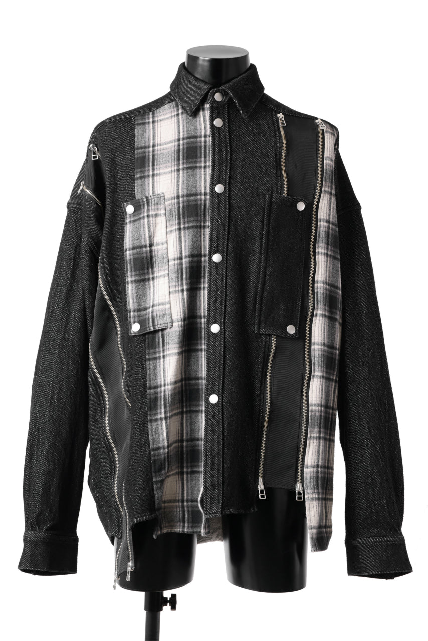 画像をギャラリービューアに読み込む, A.F ARTEFACT FRONT ZIP ASYMMETRY COCOON SHIRT / COMBI CHECK FABRIC (BLACK x CHECK)
