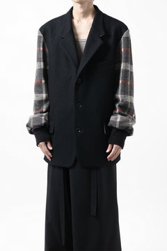 Load image into Gallery viewer, Y's BANG ON! No.176 2 STEP RIB JACKET /  WOOL MELTON SMOOTH + CHECKED JACQUARD (BLACK)