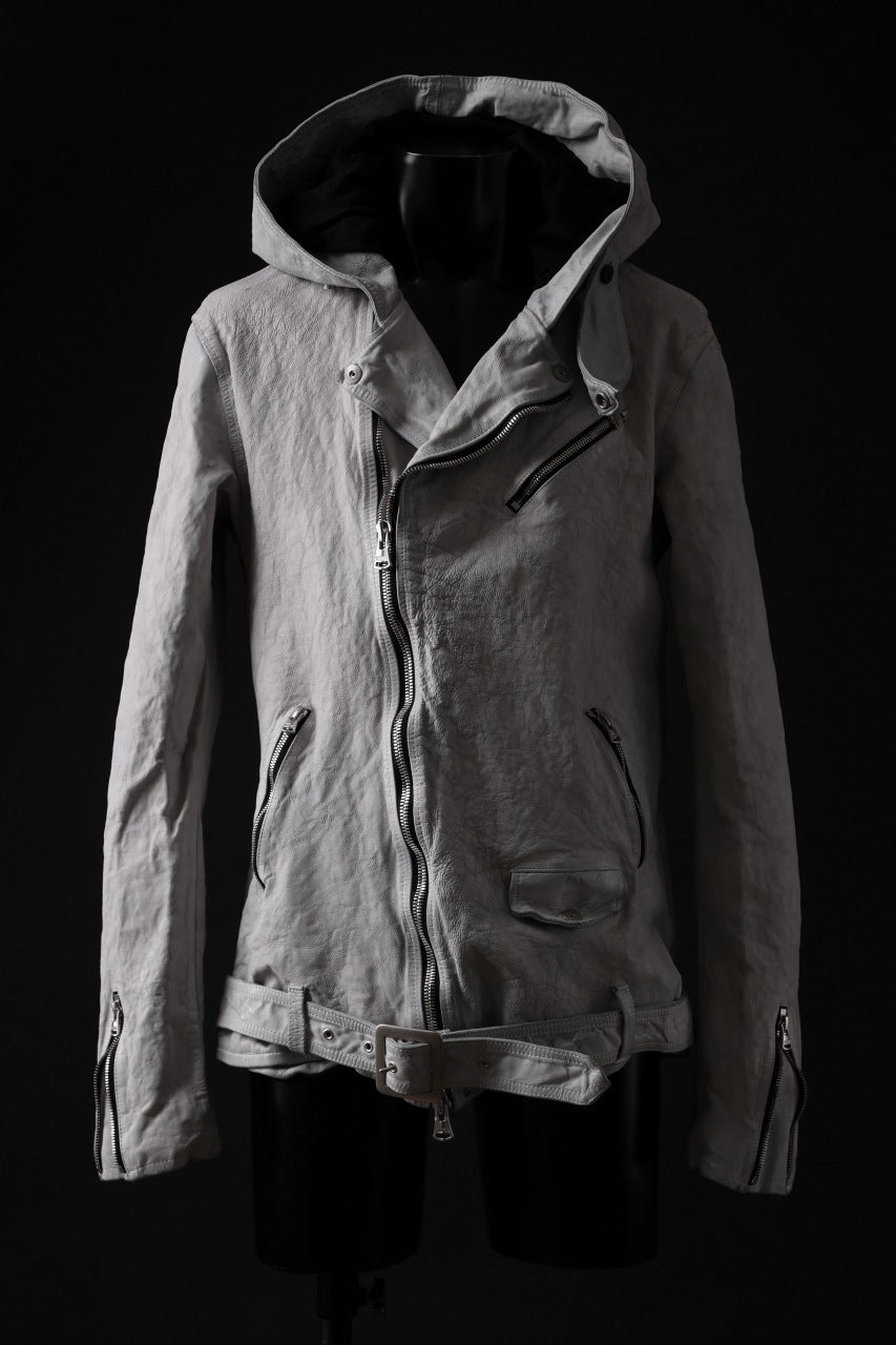 Load image into Gallery viewer, ISAMU KATAYAMA BACKLASH HOODED RIDERS JACKET / NATURAL DYED & GARMENT WASHED JP CALF (WHITE)
