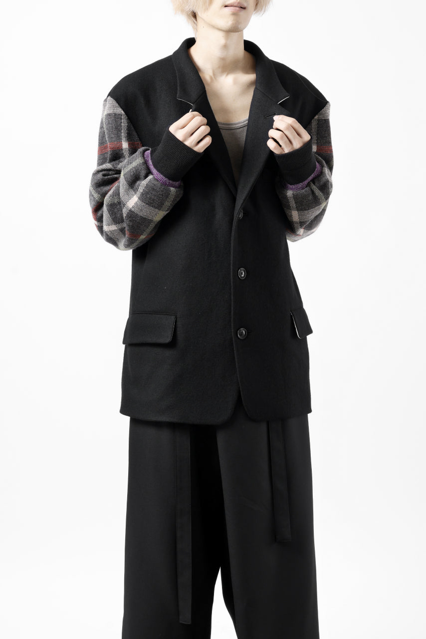 Load image into Gallery viewer, Y's BANG ON! No.176 2 STEP RIB JACKET /  WOOL MELTON SMOOTH + CHECKED JACQUARD (BLACK)