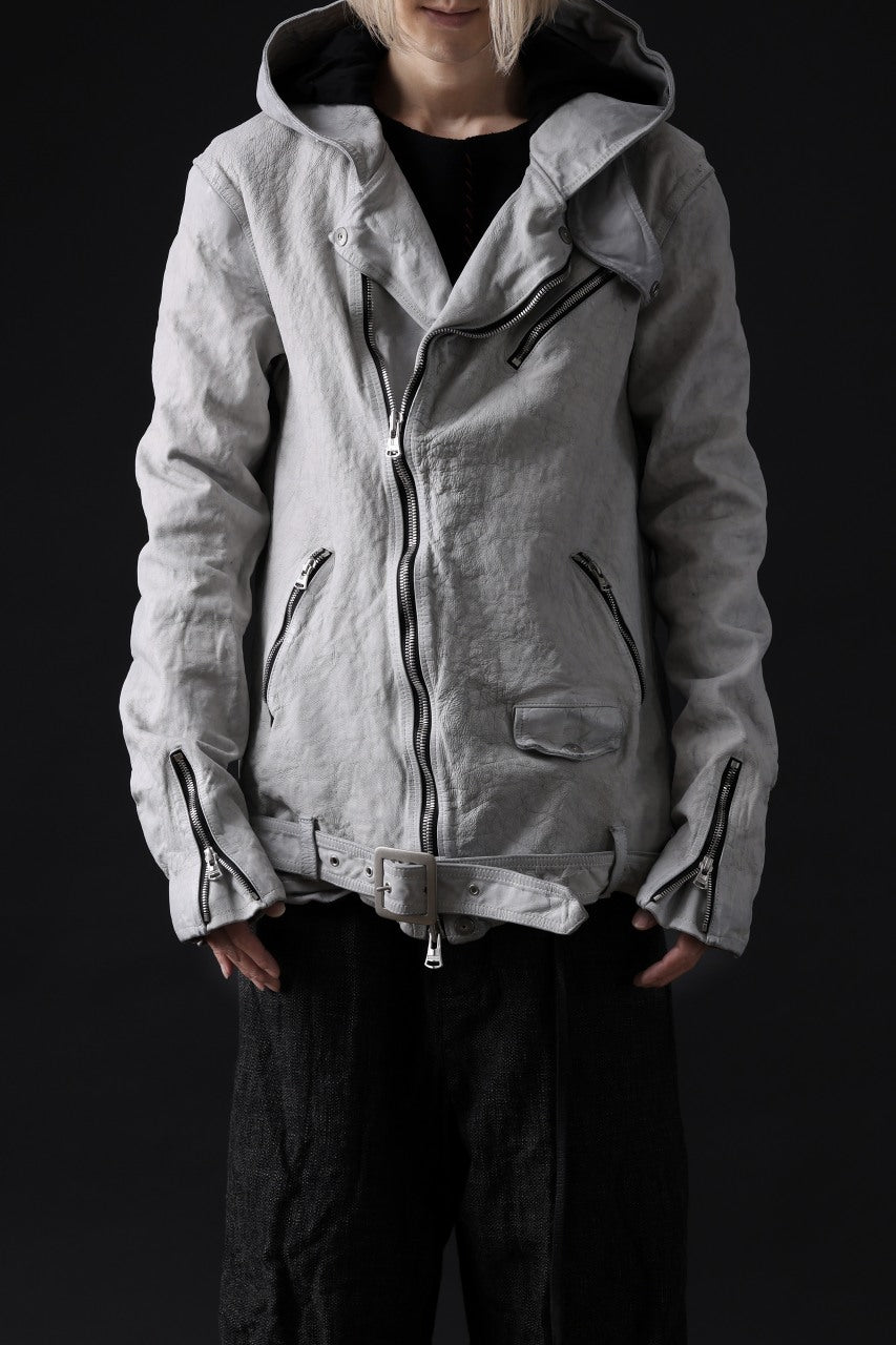 Load image into Gallery viewer, ISAMU KATAYAMA BACKLASH HOODED RIDERS JACKET / NATURAL DYED & GARMENT WASHED JP CALF (WHITE)