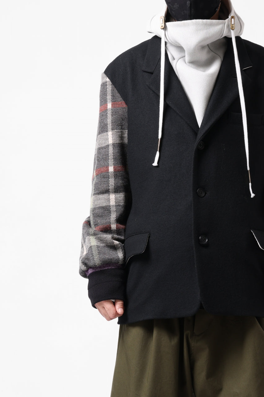 Load image into Gallery viewer, Y's BANG ON! No.176 2 STEP RIB JACKET /  WOOL MELTON SMOOTH + CHECKED JACQUARD (BLACK)