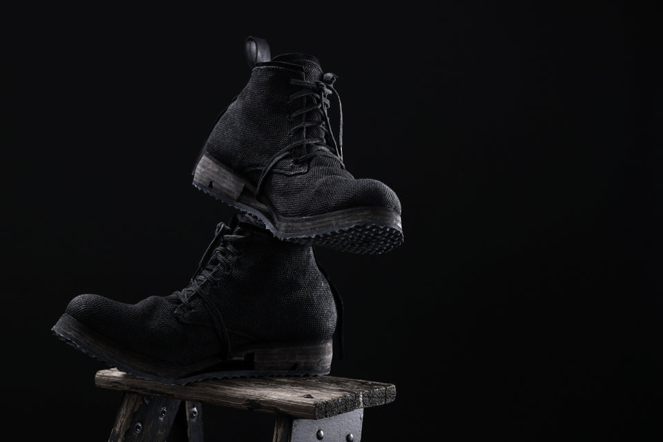 画像をギャラリービューアに読み込む, BORIS BIDJAN SABERI CANVAS FABRIC LACE UP MIDDLE BOOTS / OBJECT DYED & HAND-TREATED "BOOT4" (BLACK)