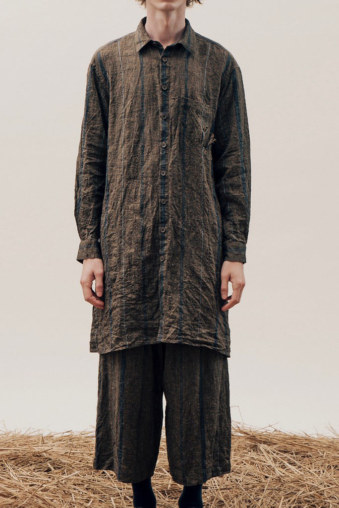 画像をギャラリービューアに読み込む, YUTA MATSUOKA long shirt / natural wrinkles linen (dark brown stripe)
