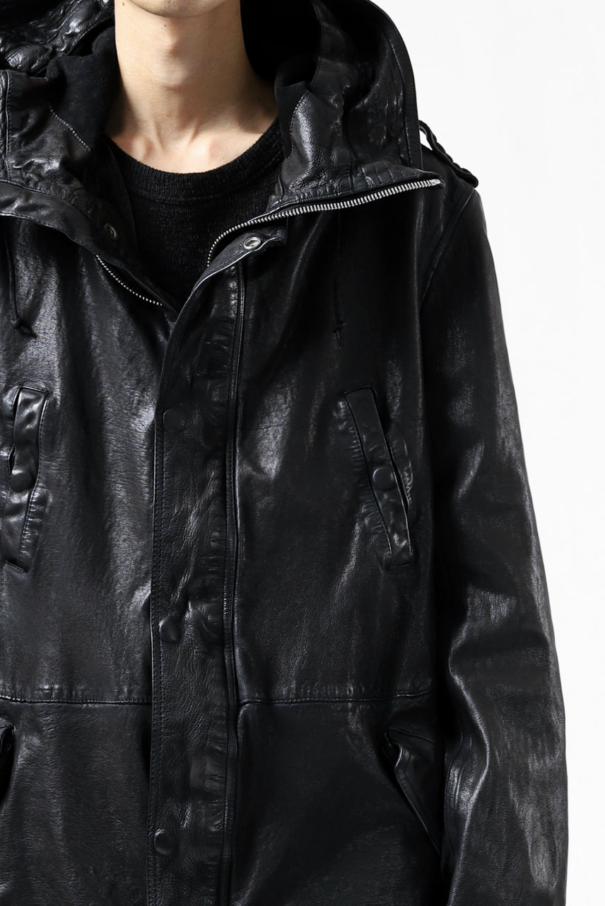 Load image into Gallery viewer, ISAMU KATAYAMA BACKLASH MODS COAT / GOAT LEATHER (GARMENT + SPRAY DYED BLACK)