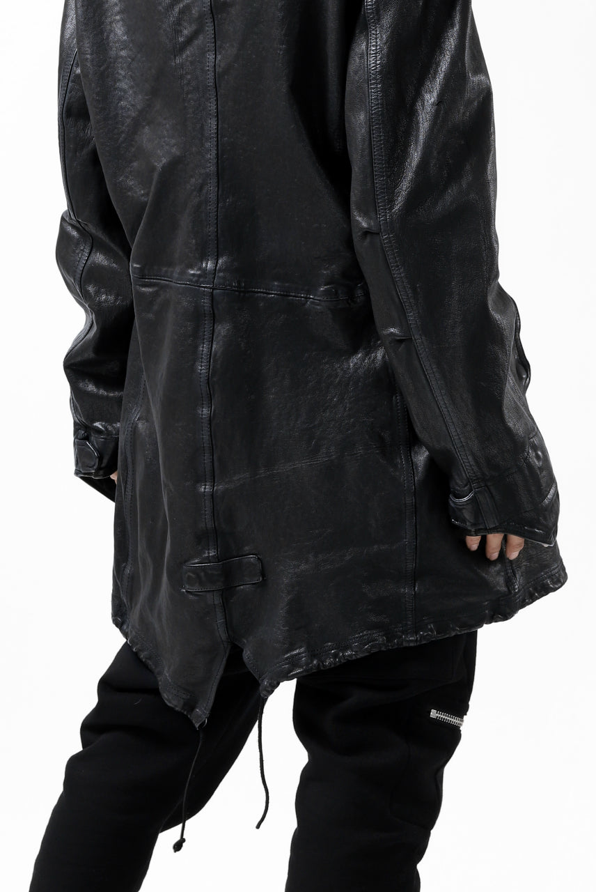 Load image into Gallery viewer, ISAMU KATAYAMA BACKLASH MODS COAT / GOAT LEATHER (GARMENT + SPRAY DYED BLACK)