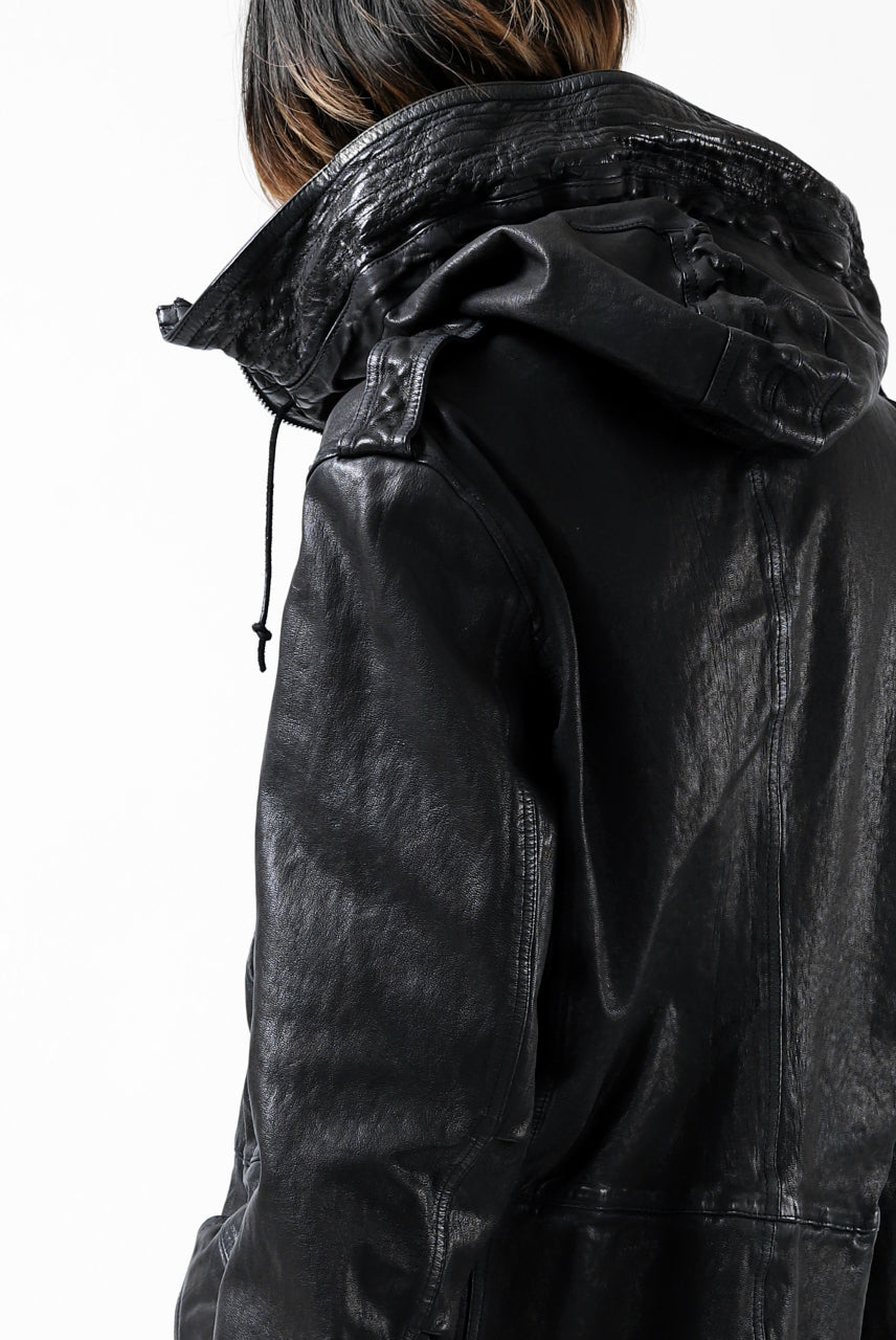 Load image into Gallery viewer, ISAMU KATAYAMA BACKLASH MODS COAT / GOAT LEATHER (GARMENT + SPRAY DYED BLACK)
