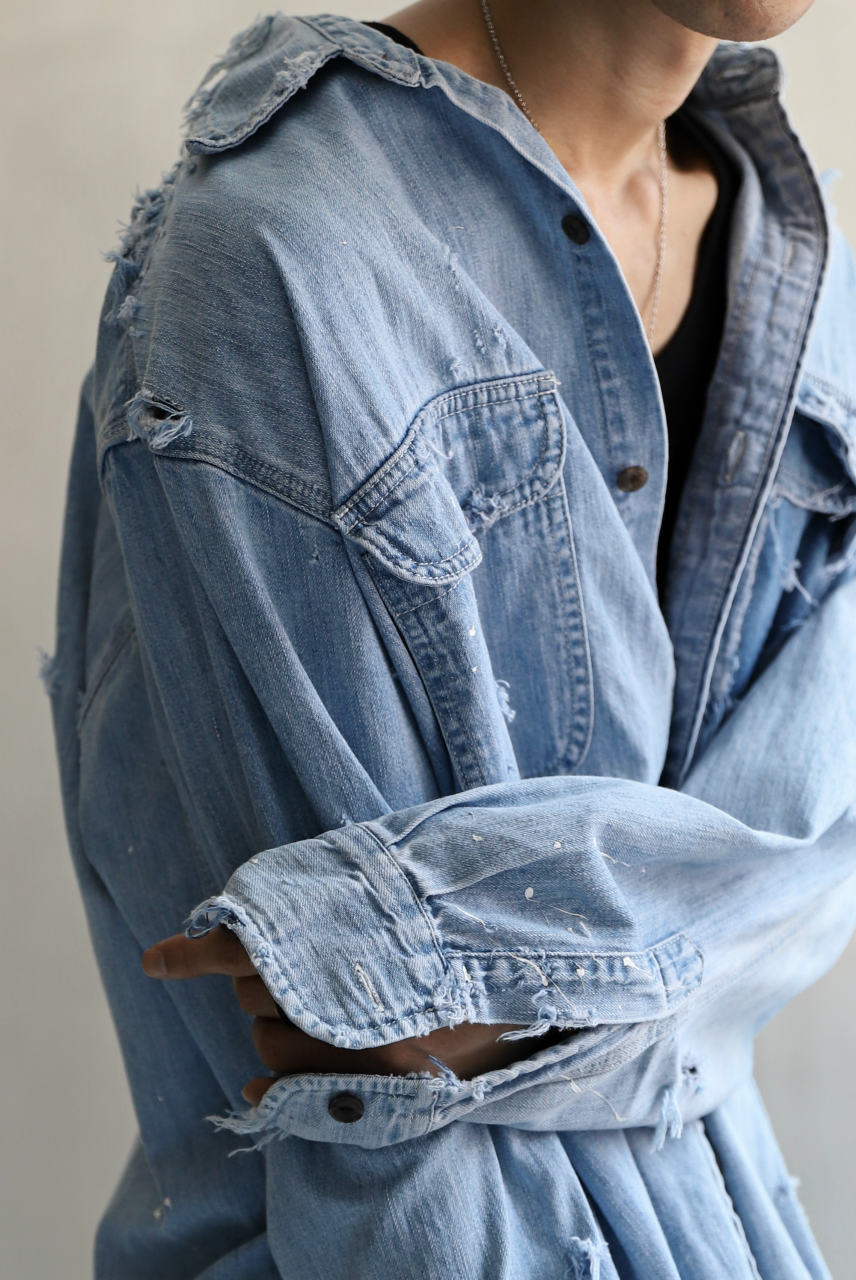 Load image into Gallery viewer, RESURRECTION HANDMADE vintage damage denim shirt (LIGHT BLUE)