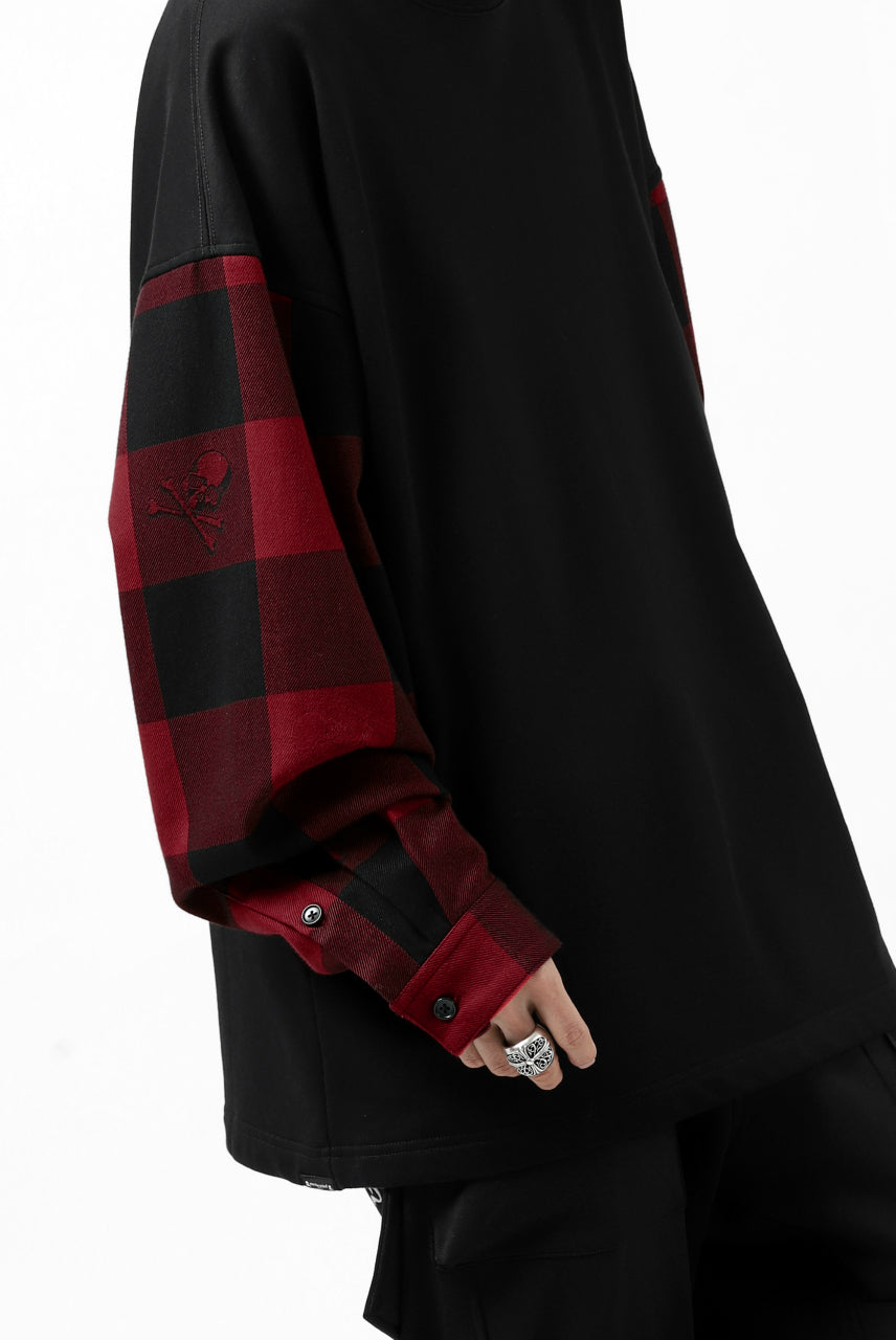 Load image into Gallery viewer, mastermind JAPAN COMBI PULLOVER TOPS / CHECK SHIRT SLEEVE (BLACK x RED)
