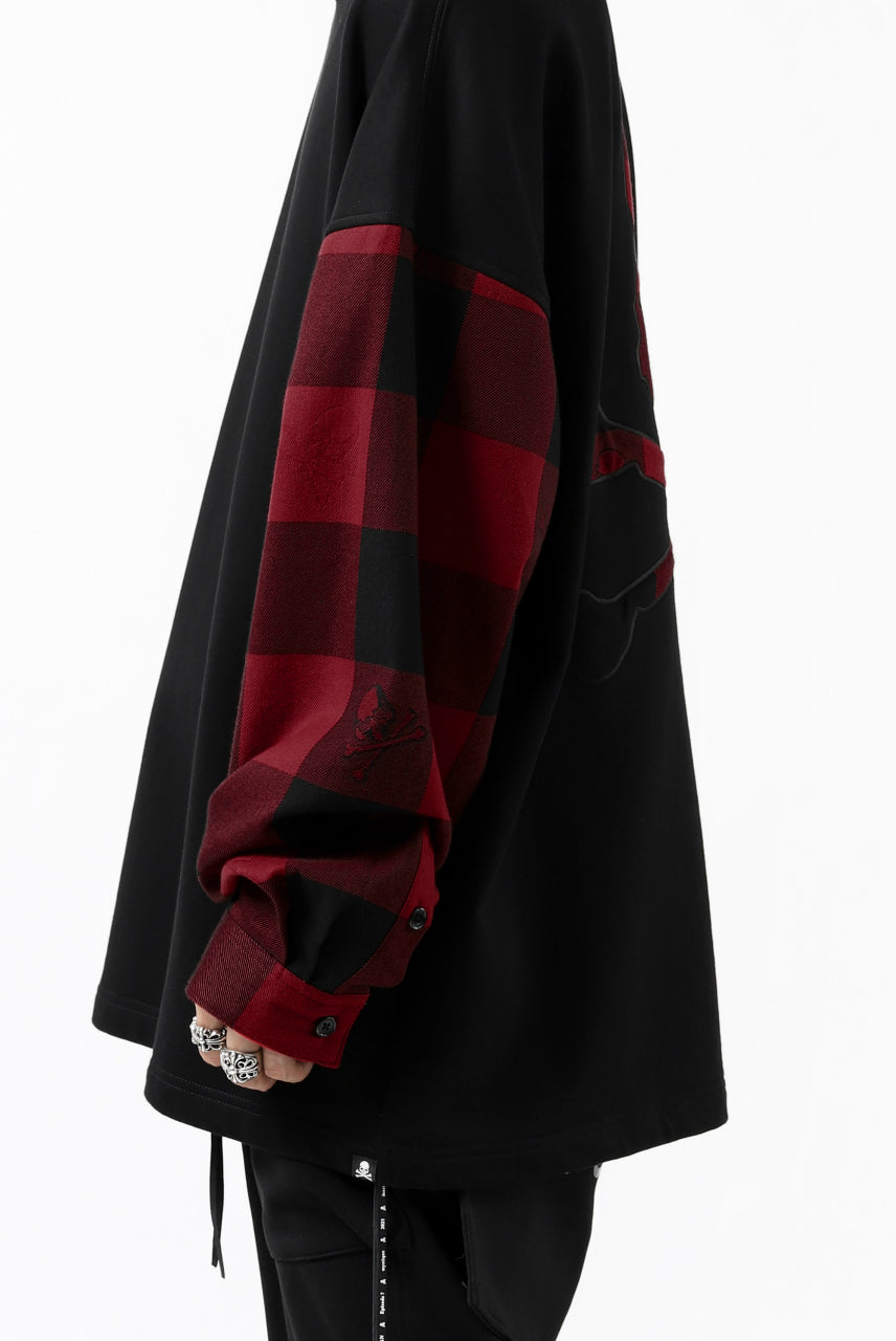 Load image into Gallery viewer, mastermind JAPAN COMBI PULLOVER TOPS / CHECK SHIRT SLEEVE (BLACK x RED)