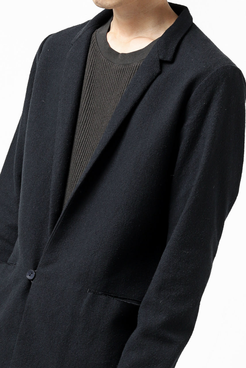 blackcrow 1B jacket silk wool cotton tweed with leather button (NAVY)