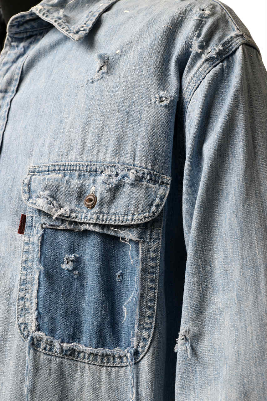 Load image into Gallery viewer, RESURRECTION HANDMADE vintage damage denim shirt (LIGHT BLUE)