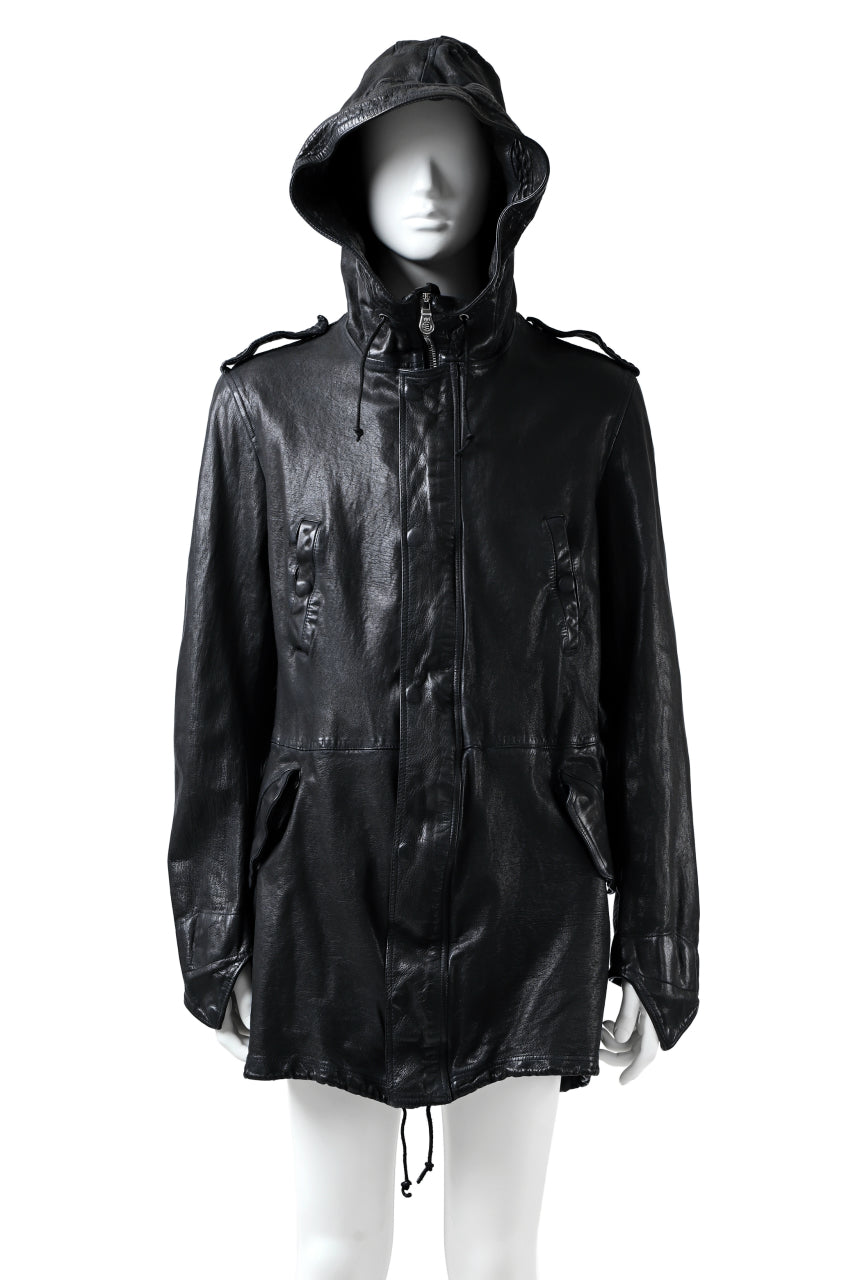 Load image into Gallery viewer, ISAMU KATAYAMA BACKLASH MODS COAT / GOAT LEATHER (GARMENT + SPRAY DYED BLACK)