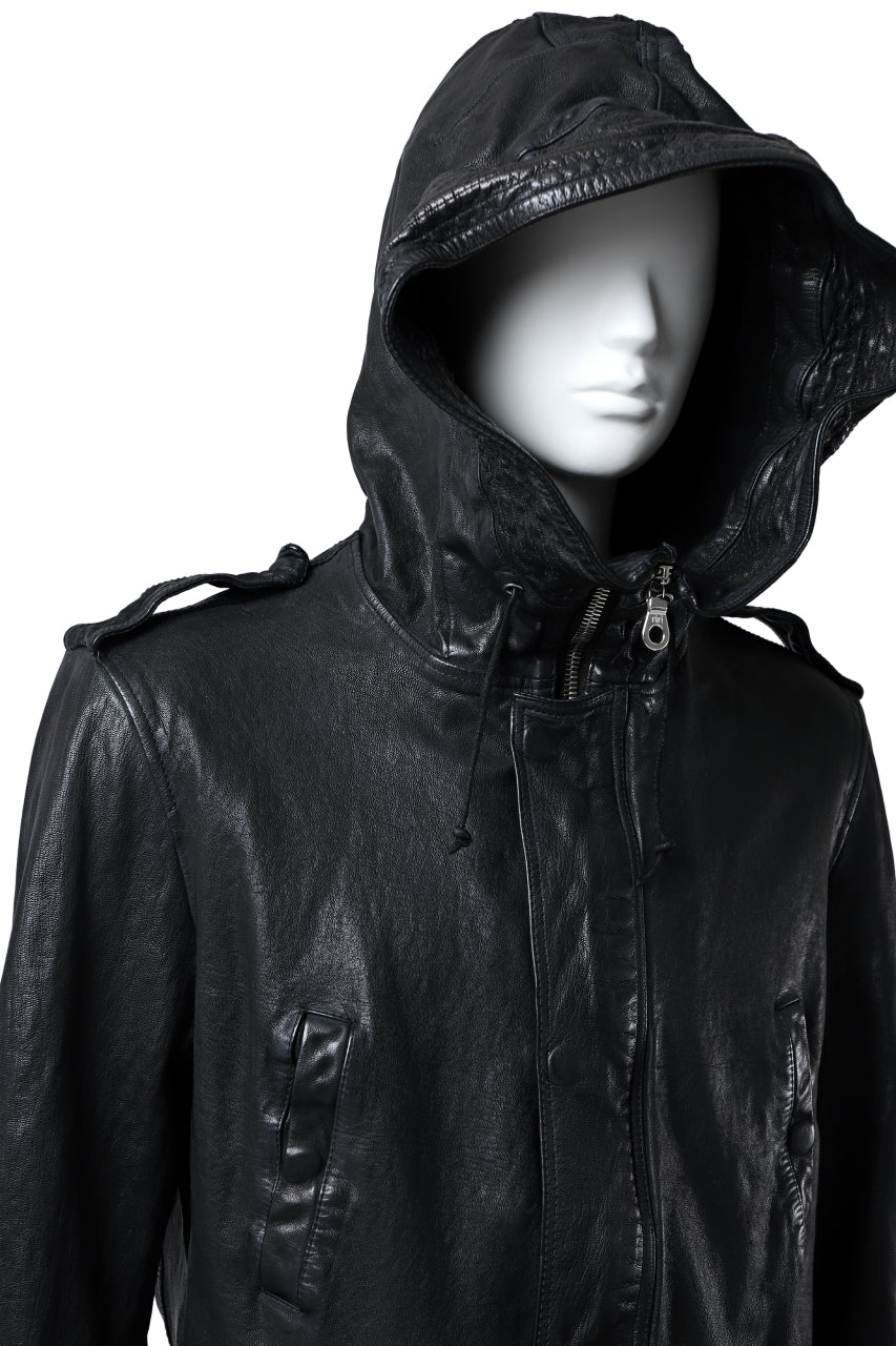 Load image into Gallery viewer, ISAMU KATAYAMA BACKLASH MODS COAT / GOAT LEATHER (GARMENT + SPRAY DYED BLACK)