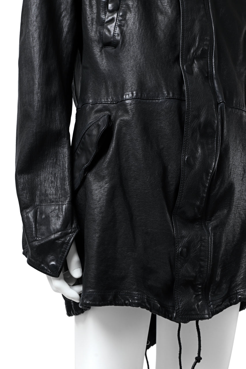 Load image into Gallery viewer, ISAMU KATAYAMA BACKLASH MODS COAT / GOAT LEATHER (GARMENT + SPRAY DYED BLACK)