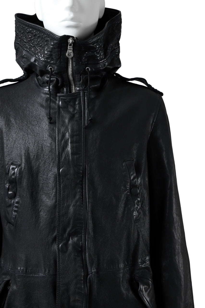 Load image into Gallery viewer, ISAMU KATAYAMA BACKLASH MODS COAT / GOAT LEATHER (GARMENT + SPRAY DYED BLACK)