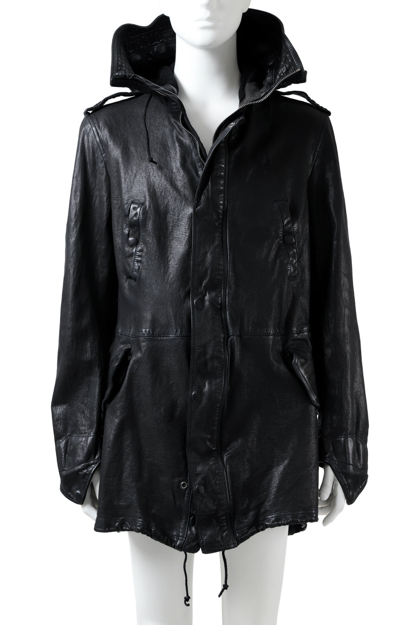 Load image into Gallery viewer, ISAMU KATAYAMA BACKLASH MODS COAT / GOAT LEATHER (GARMENT + SPRAY DYED BLACK)