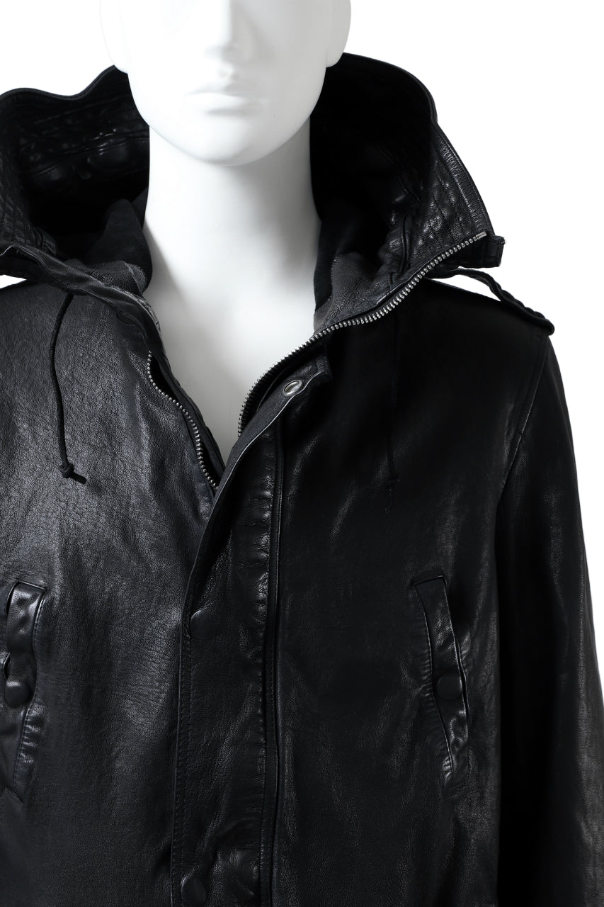 Load image into Gallery viewer, ISAMU KATAYAMA BACKLASH MODS COAT / GOAT LEATHER (GARMENT + SPRAY DYED BLACK)