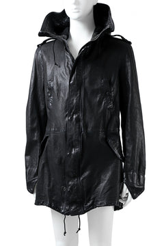 Load image into Gallery viewer, ISAMU KATAYAMA BACKLASH MODS COAT / GOAT LEATHER (GARMENT + SPRAY DYED BLACK)