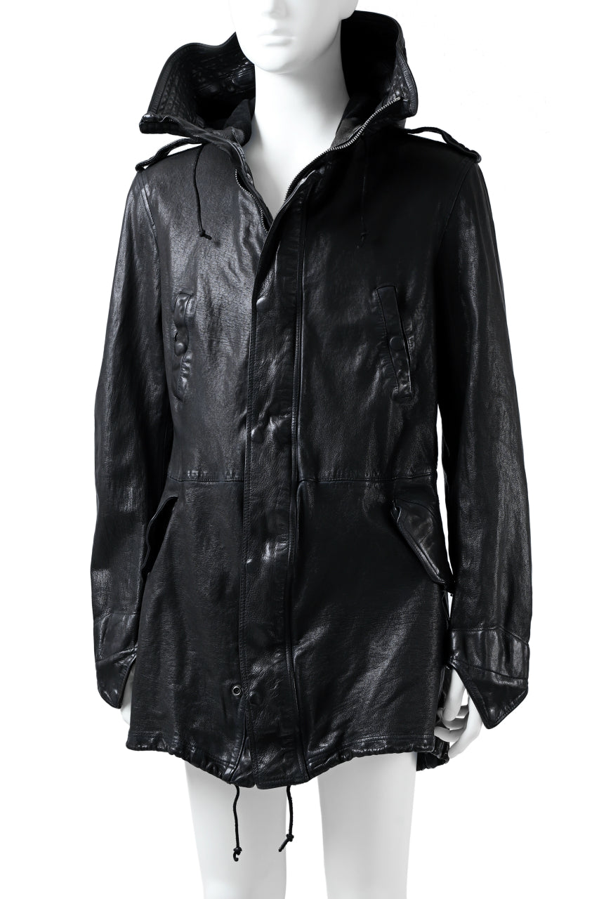 Load image into Gallery viewer, ISAMU KATAYAMA BACKLASH MODS COAT / GOAT LEATHER (GARMENT + SPRAY DYED BLACK)