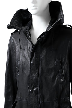 Load image into Gallery viewer, ISAMU KATAYAMA BACKLASH MODS COAT / GOAT LEATHER (GARMENT + SPRAY DYED BLACK)