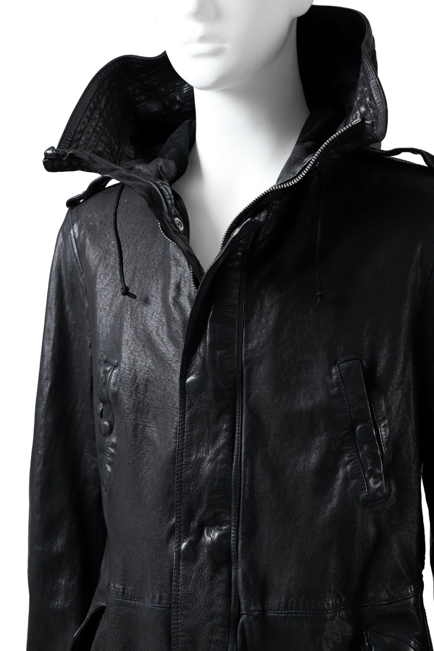 Load image into Gallery viewer, ISAMU KATAYAMA BACKLASH MODS COAT / GOAT LEATHER (GARMENT + SPRAY DYED BLACK)